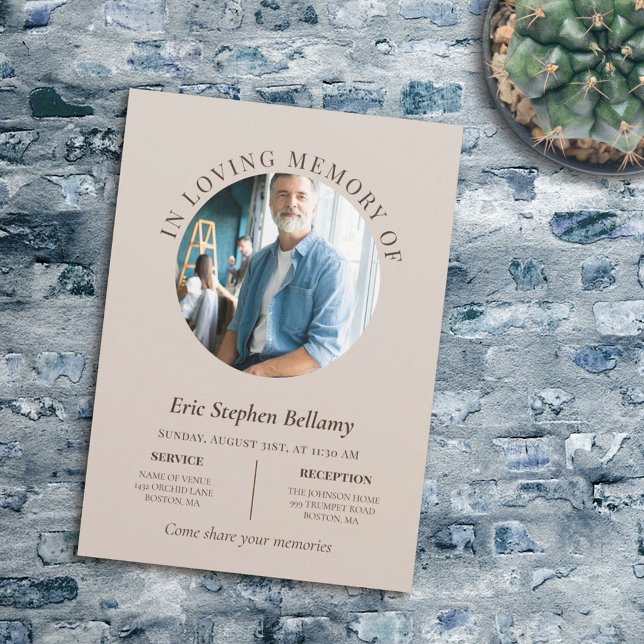 Elegant Sand & Brown Round Photo Memorial Funeral Invitation (Creator Uploaded)