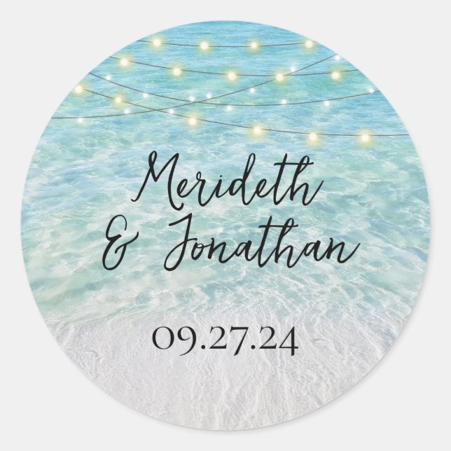 Elegant Sandy Beach Sea Glass Lights Script Classic Round Sticker (Front)