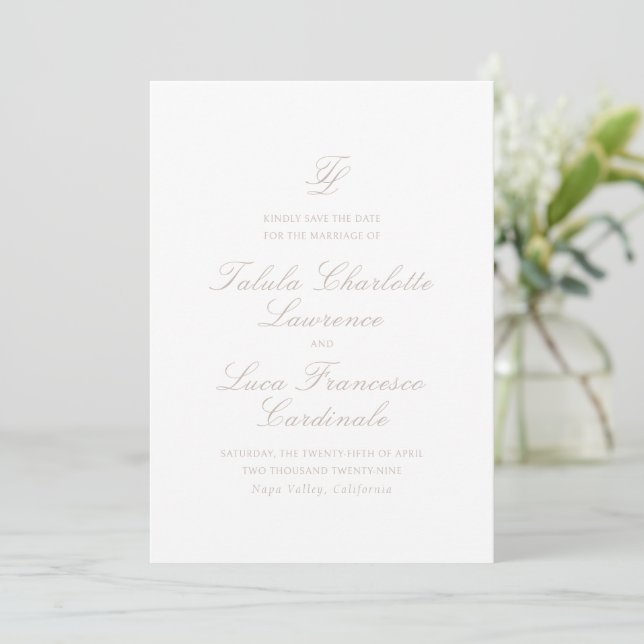 Elegant Sandy Neutral Traditional Wedding Save The Date (Standing Front)