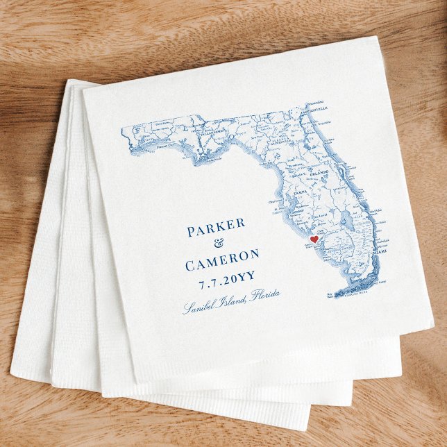 Elegant Sanibel Island Florida Map Wedding  Napkin (Elegant Sanibel Island Florida map Wedding Napkins in navy blue from Coastal Map Designs)