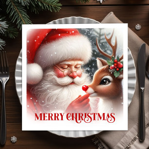 Elegant Santa and Rudolph Christmas Party Dinner Napkin
