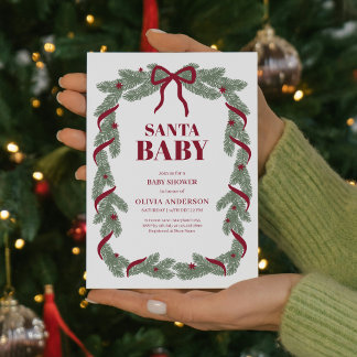 Elegant Santa Baby Red Bow Baby Shower Invitation