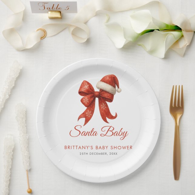 Elegant Santa Baby Shower Red Bow Christmas Paper Plate (Wedding)