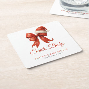 Elegant Santa Baby Shower Red Bow Christmas Square Paper Coaster