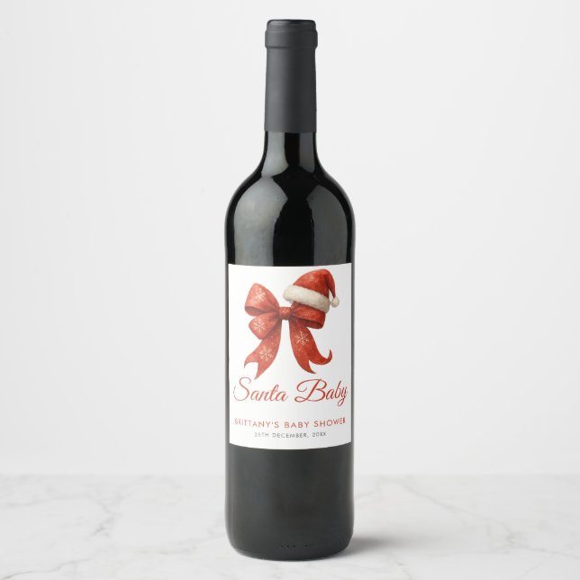 Elegant Santa Baby Shower Red Bow Christmas Wine Label (Front)
