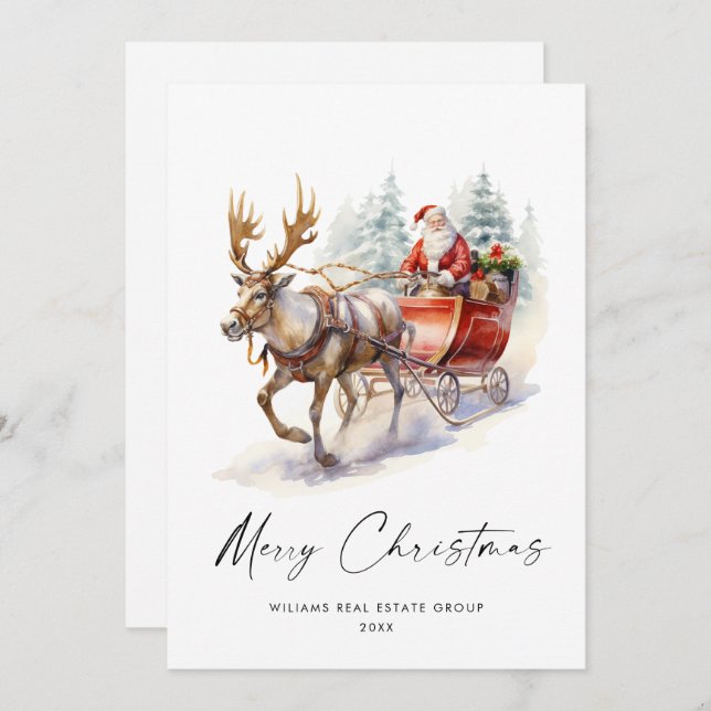 Elegant Santa Claus Christmas Deer Corporate Holiday Card (Front/Back)