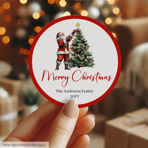 Elegant Santa Claus Red White Script Font Holiday  Classic Round Sticker