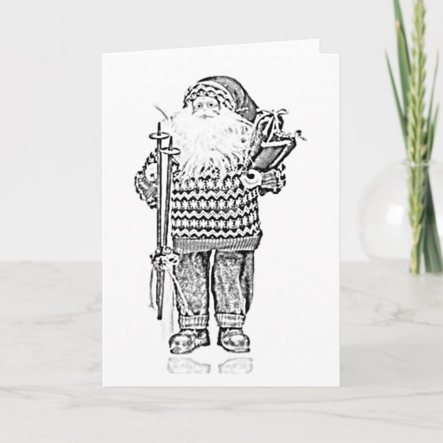 Elegant Santa in Christmas Sweater Pencil Drawing Holiday Card (Front)
