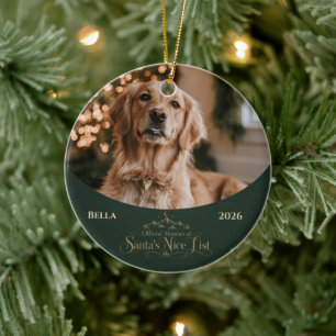 Elegant Santa’s Nice List Dog Photo Ceramic Ornament