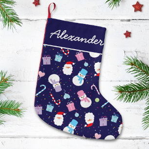 Elegant Santa Snowman Candy Cane Christmas Pattern Large Christmas Stocking