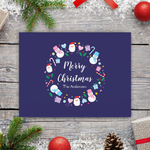 Elegant Santa Snowman Candy Cane Christmas Wreath Holiday Postcard