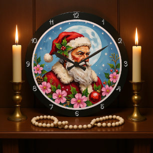 Elegant Santa Wreath with Full Moon Large Clock