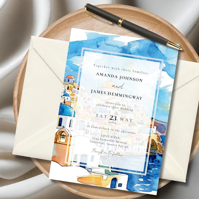 Elegant Santorini Greece Destination Blue & White Invitation (Elegant Santorini-inspired wedding invitation featuring watercolor artwork of Greek architecture.)