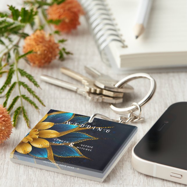 Elegant Sapphire and Gold Floral Wedding Key Ring (Front Right)