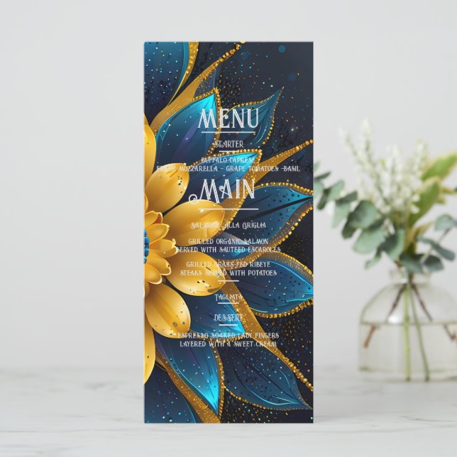 Elegant Sapphire and Gold Floral Wedding Menu (Standing Front)
