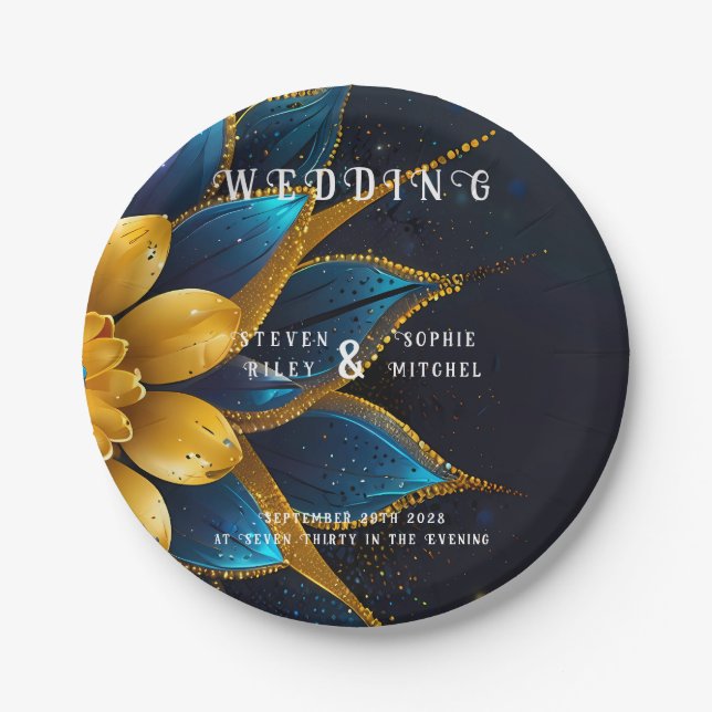 Elegant Sapphire and Gold Floral Wedding Paper Plate (Front)