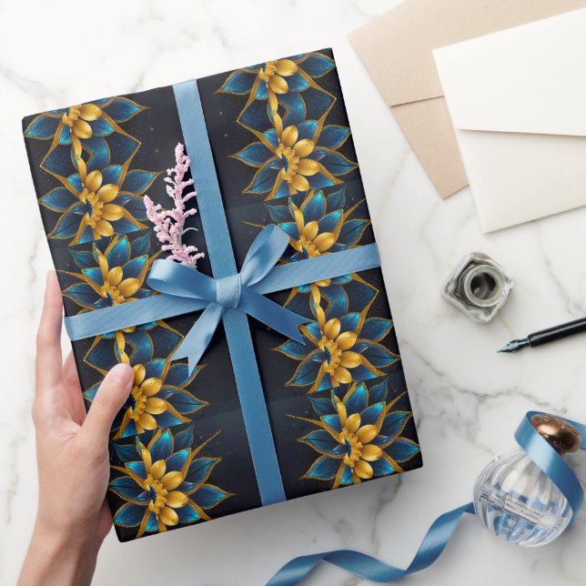 Elegant Sapphire and Gold Floral Wedding Wrapping Paper (Gifting)
