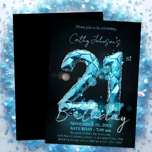 Elegant Sapphire Blue and Black 21st Birthday Invitation