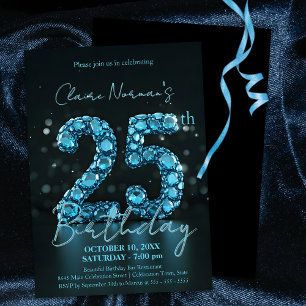 Elegant Sapphire Blue and Black 25th Birthday Invitation