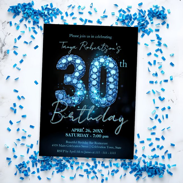 Elegant Sapphire Blue and Black 30th Birthday Invitation (Creator Uploaded)