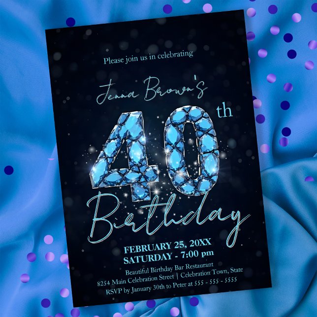 Elegant Sapphire Blue and Black 40th Birthday Invitation (Creator Uploaded)