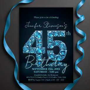 Elegant Sapphire Blue and Black 45th Birthday Invitation