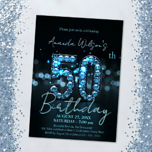 Elegant Sapphire Blue and Black 50th Birthday Invitation
