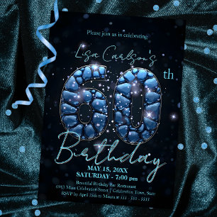 Elegant Sapphire Blue and Black 60th Birthday Invitation