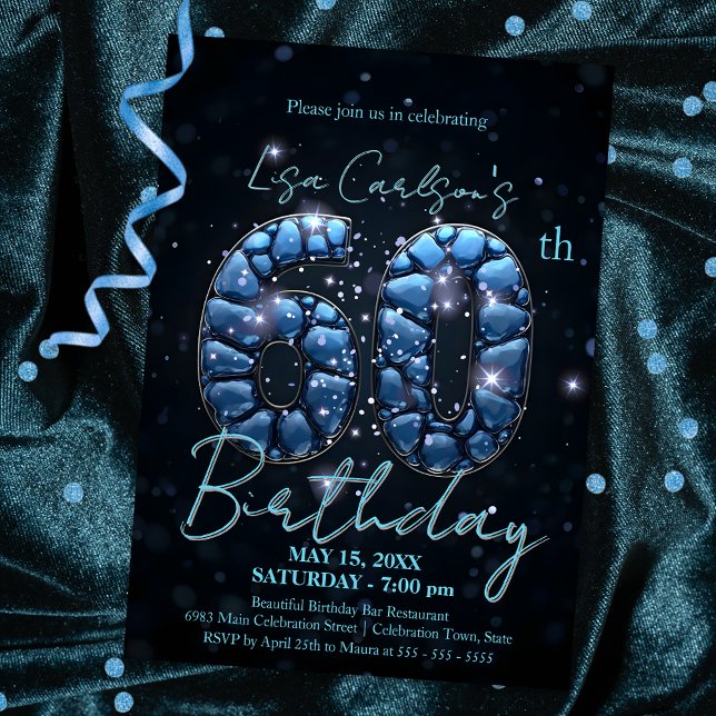 Elegant Sapphire Blue and Black 60th Birthday Invitation (Creator Uploaded)
