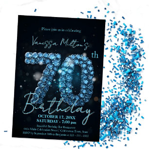 Elegant Sapphire Blue and Black 70th Birthday Invitation