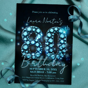 Elegant Sapphire Blue and Black 80th Birthday Invitation