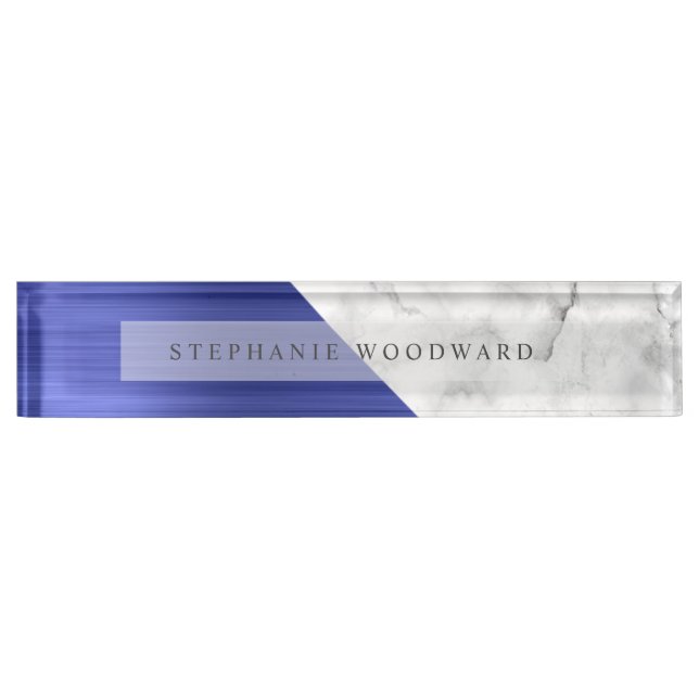 Elegant Sapphire Blue Brushed Metal White Marble Nameplate (Front)
