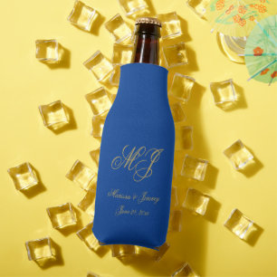 Elegant Sapphire Blue Gold Monogram Script Wedding Bottle Cooler