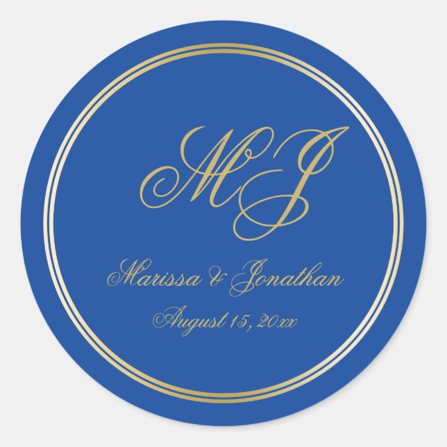 Elegant Sapphire Blue Gold Monogram Script Wedding Classic Round Sticker (Front)
