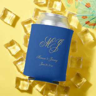 Elegant Sapphire Blue Gold Monogram Wedding Can Cooler