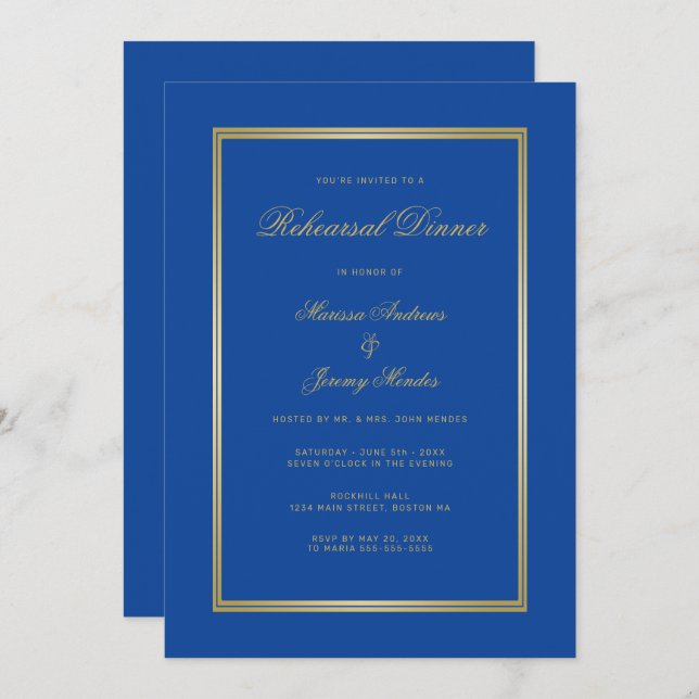 Elegant Sapphire Blue Gold Rehearsal Dinner Invitation (Front/Back)