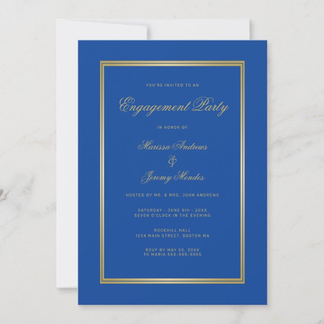 Elegant Sapphire Blue Gold Script Engagement Party Invitation (Front)