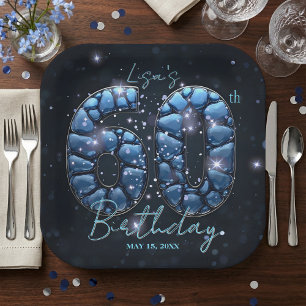 Elegant Sapphire Blue Stone Mosaic 60th Birthday Paper Plate