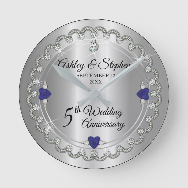 Elegant Sapphire Diamonds 5th Wedding Anniversary Round Clock (Front)