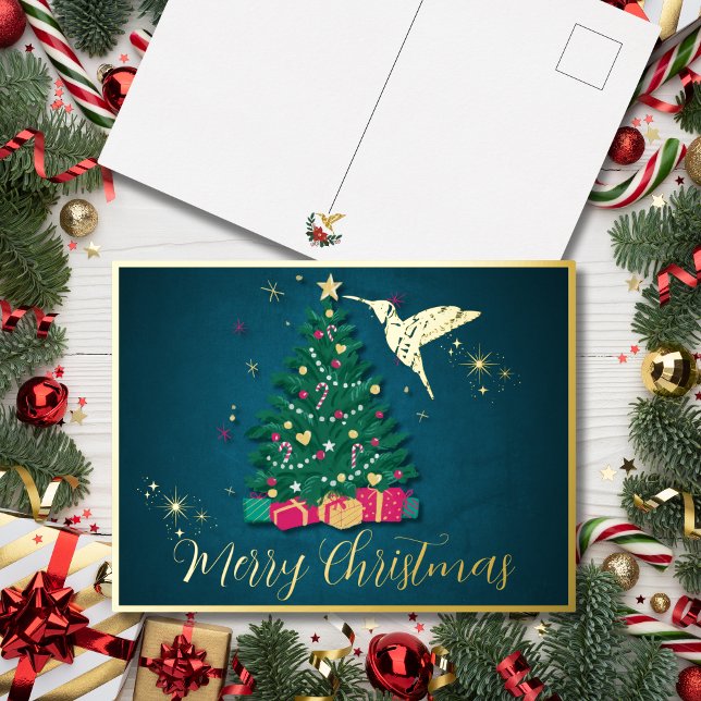Elegant Sapphire Hummingbird & Christmas Tree Foil Holiday Postcard (Creator Uploaded)