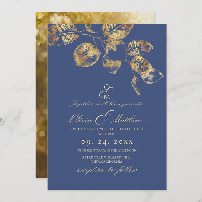 Elegant Sapphire Pantone Gold Wedding Invitation (Front/Back)