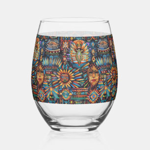 Elegant Sapphire "Pre-Columbian Tapestry" Stemless Wine Glass