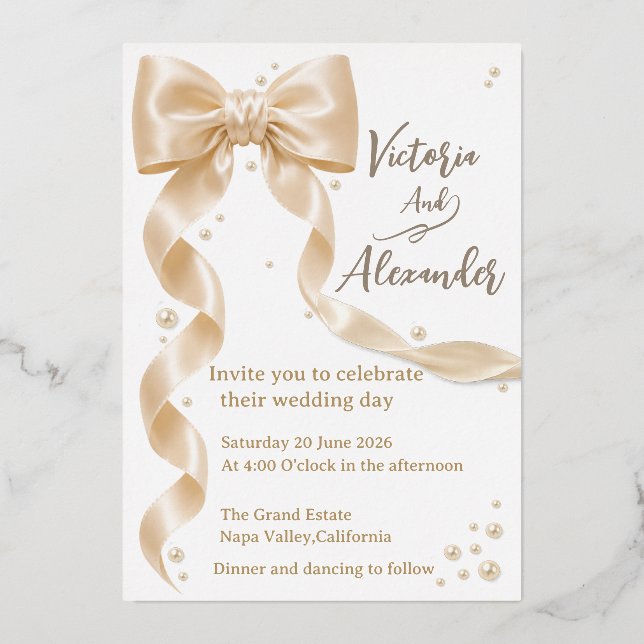 Elegant Satin Bow Foil Wedding Invite (Front)