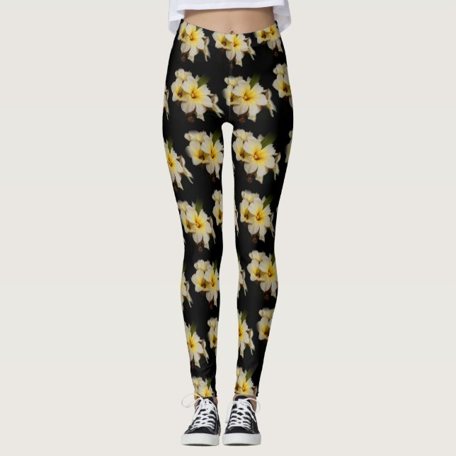 Elegant Satin Flowers on Black Leggings (Front)