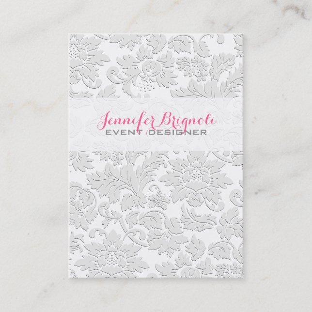 Elegant Satin White Floral Damasks Embossed Effect Business Card (Front)