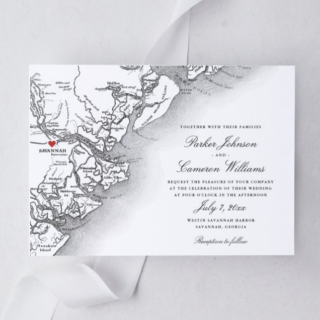Elegant Savannah Georgia Map black white Wedding Invitation (Elegant Savannah Georgia Map wedding invitation with classic black and white script typography)