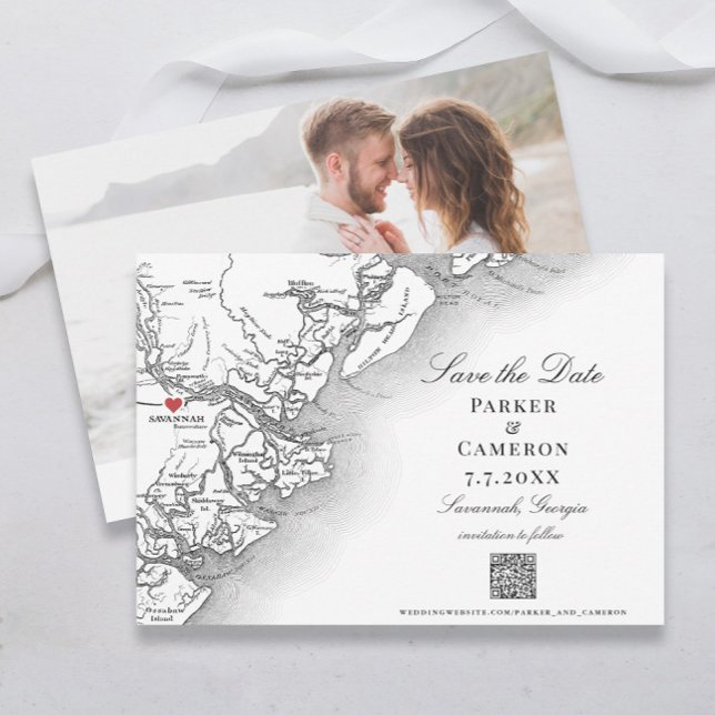 Elegant Savannah Georgia Map Black White Wedding Save The Date (Savannah Georgia Wedding Save the Dates in Elegant black and white with photo and QR code )