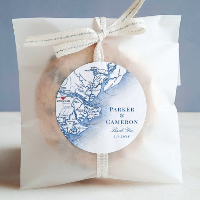 Elegant Savannah Georgia Map Wedding Favour Classic Round Sticker (Elegant Savannah Georgia Map Thank You Wedding Favor Sticker in navy blue by Coastal Map Designs)