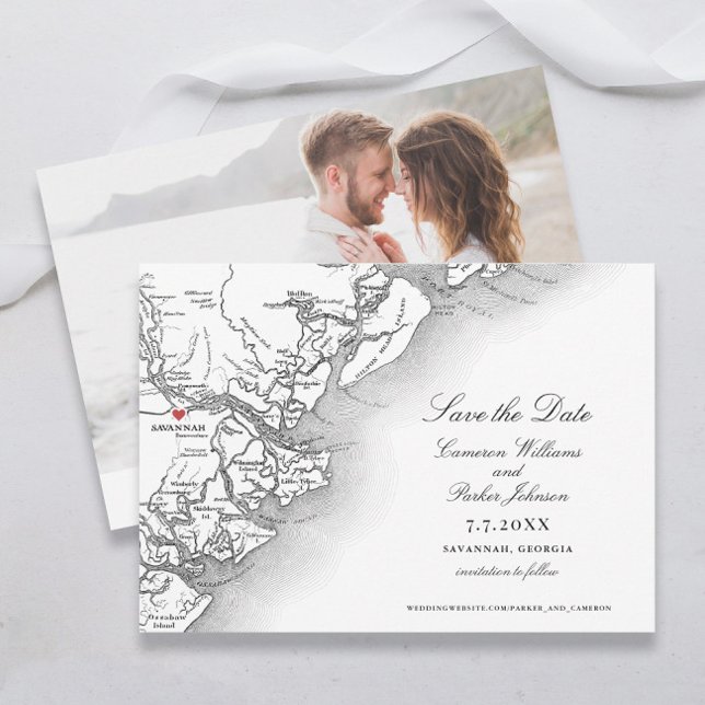 Elegant Savannah Georgia Wedding Black White Map Save The Date (Elegant Savannah Georgia Map Save the Dates with classic black and white typography and photo )