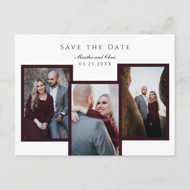 Elegant Save the Date 3 Photo Collage Red Chic Announcement Postcard (Front)